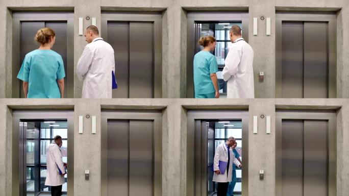 医生和护士互相互动，进入电梯