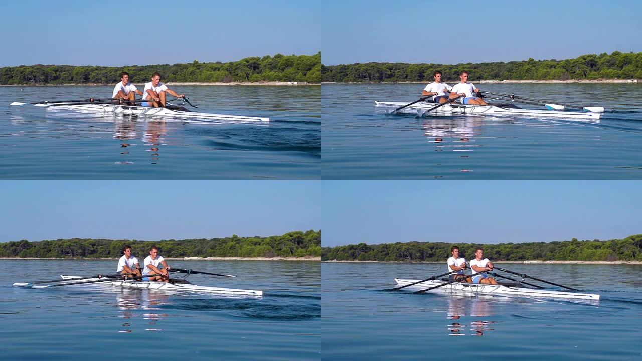 HD：双人双桨赛艇队练习的超级慢动作