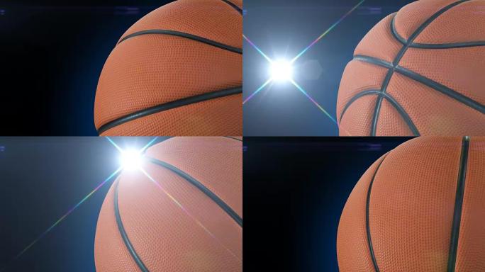 美丽的篮球旋转特写镜头在黑色慢动作，带有照片闪光灯。回环篮球3d动画的转球。4k超高清3840x21