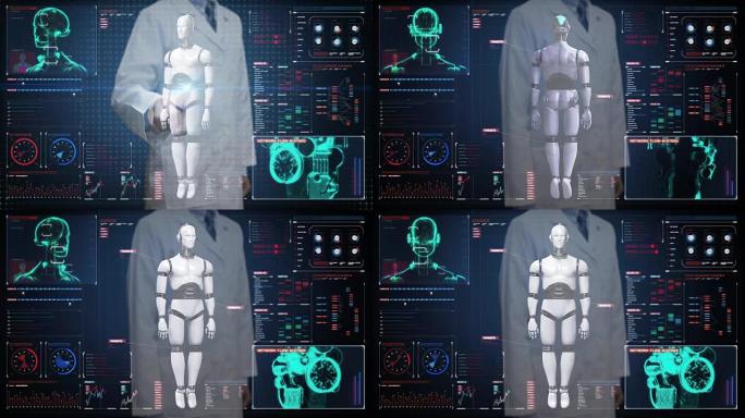 医生触摸数字屏幕，在数字界面扫描透明机器人机器人身体。人工智能。