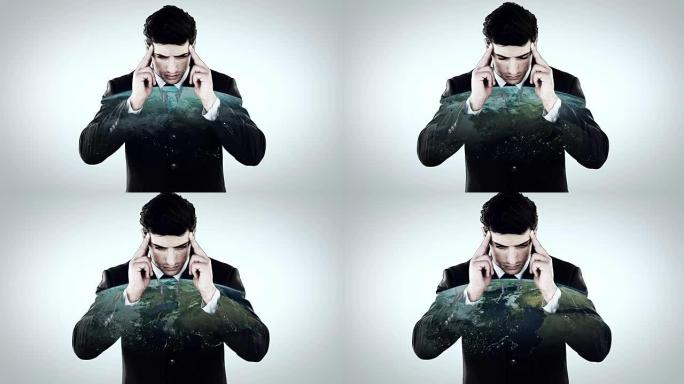 体贴的商人看着地球