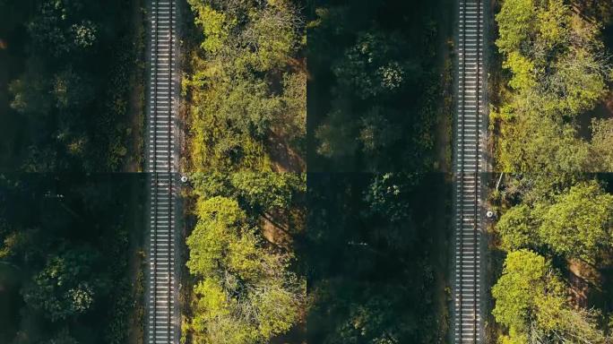 秋天森林中火车轨道的鸟瞰图。挑战人生旅程、通往未来之路、追逐梦想的概念