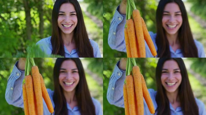 美丽的年轻女孩手里拿着干净的萝卜，在大自然的背景下。概念: 生物，生物产品，生物生态，种植蔬菜，天然