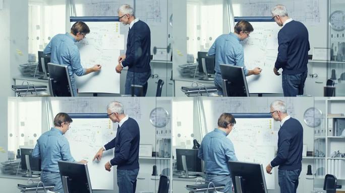 在建筑工程办公室，两名高级工程师在白板上处理草稿。他们的办公室看起来简约而现代。