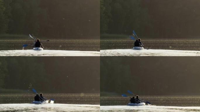 Summer relaxing activity. Young man kayaking on th