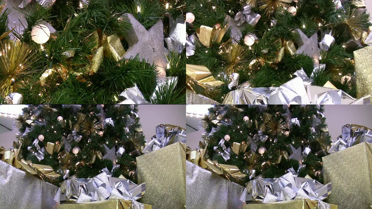 圣诞树，精美的蝴蝶结礼品盒。假日季节。
