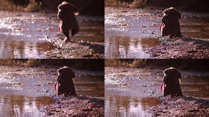 河岸边的年轻女子触摸河水