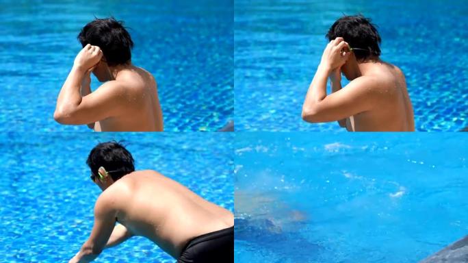 SLO MO-亚洲男子游泳前戴防水耳机