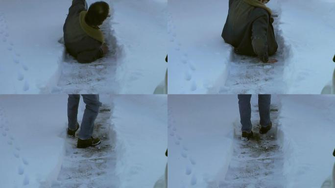 滑倒（HD）雪地走路滑倒摔倒