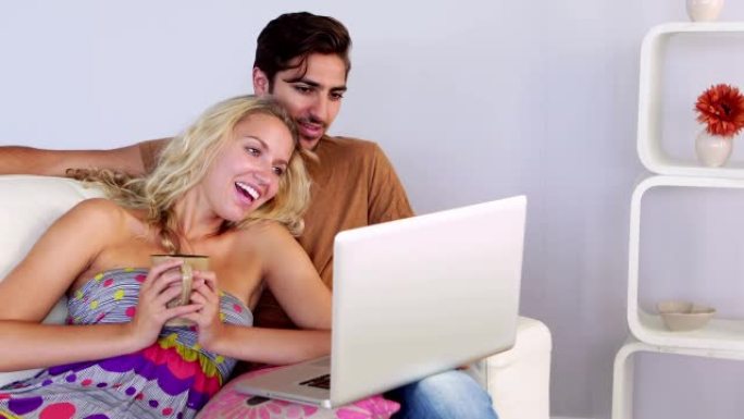 笑着的夫妇在沙发上看笔记本电脑
