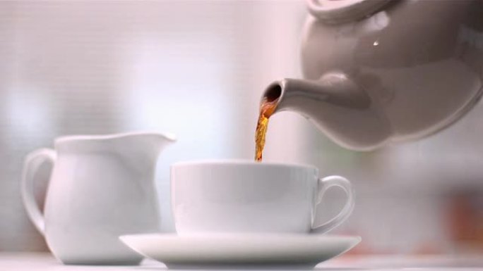 茶壶将茶倒入杯子中
