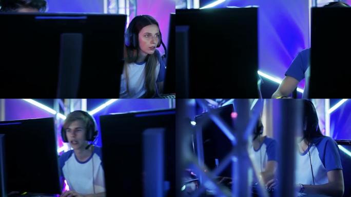 在eSport锦标赛上玩多人PC视频游戏的青少年游戏团队的移动镜头。