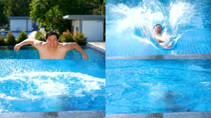 SLO MO-亚洲人看着镜头时跳进游泳池