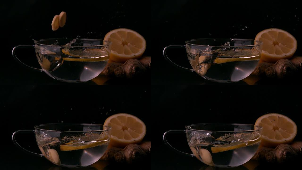 柠檬片落入杯水中