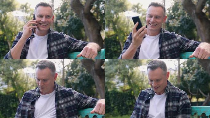 男人在花园里用手机聊天4k