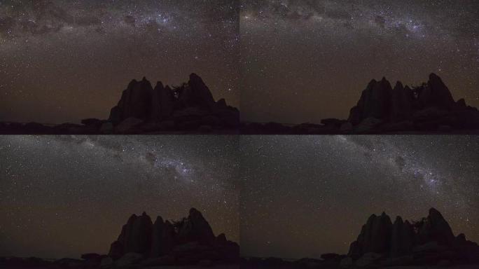 银河系在夜空中移动的恒星延时，博茨瓦纳Makgadikgadi Pans的异常岩石形成
