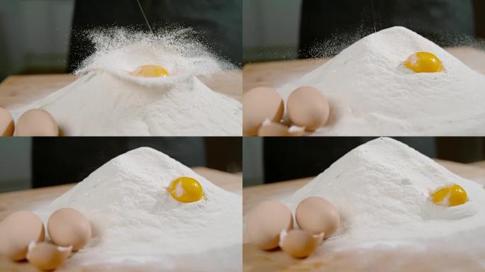 将鸡蛋倒入面粉中