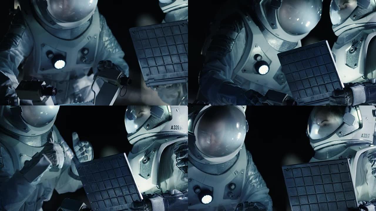 两名宇航员穿着宇航服在外星球上为火星表面探险准备探测器，使用笔记本电脑。太空旅行和太阳系殖民概念。