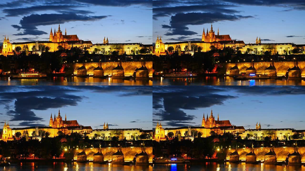 日落后的布拉格城堡。捷克共和国。