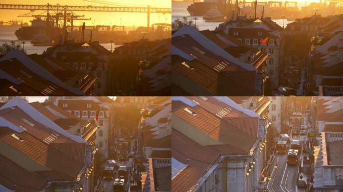 葡萄牙里斯本。日落灯光下鲁阿多阿森纳的桥梁、港口和交通。倾斜镜头