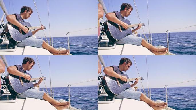 男人放松，在阳光明媚的帆船上弹吉他，实时