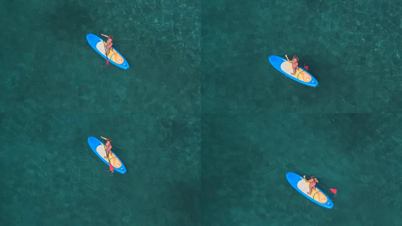 空中特写: 活跃的年轻女子在热带海洋中骑立桨板
