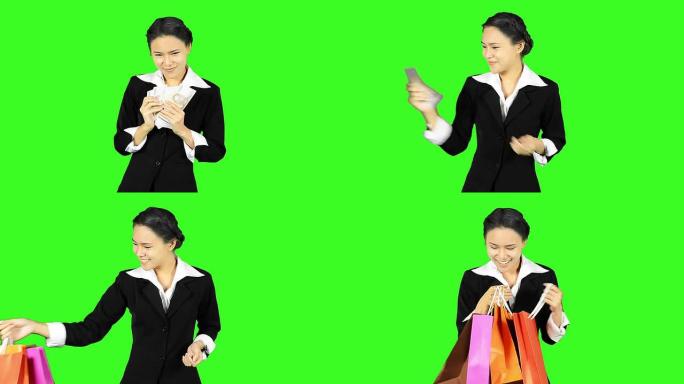 绿色屏幕背景下的快乐女人购物