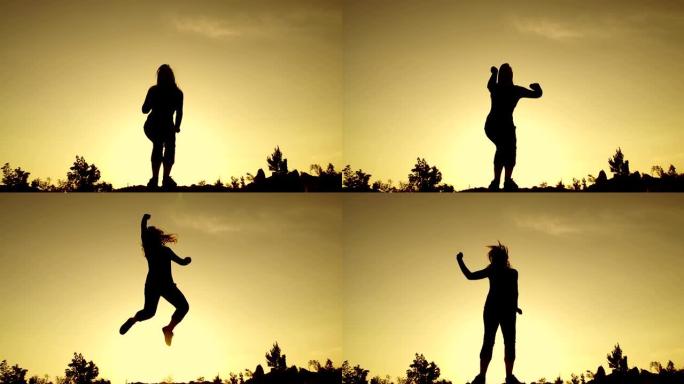 慢动作: 年轻女子在日落时跳跃