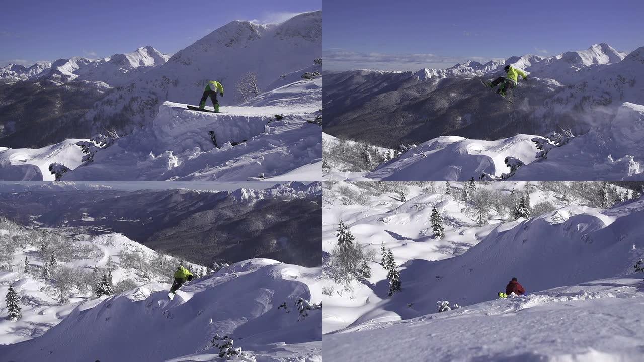 慢动作: 摄影师拍摄滑雪者跳过踢脚