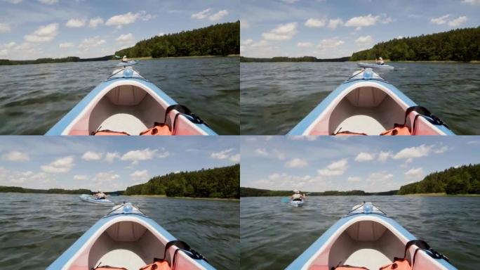 Summer relaxing activity. Friends kayaking on the 