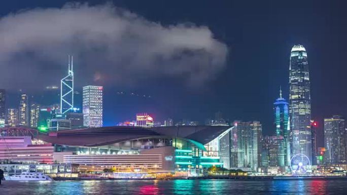 延时: 黄昏时空中香港天际线城市景观，向上倾斜视频。