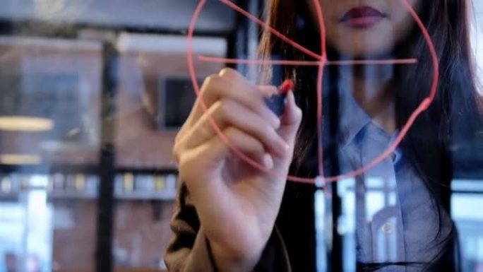 女工程师在玻璃上绘图显示学生数学公式在创意大学讲座教学理念在现代玻璃实验室共享数据