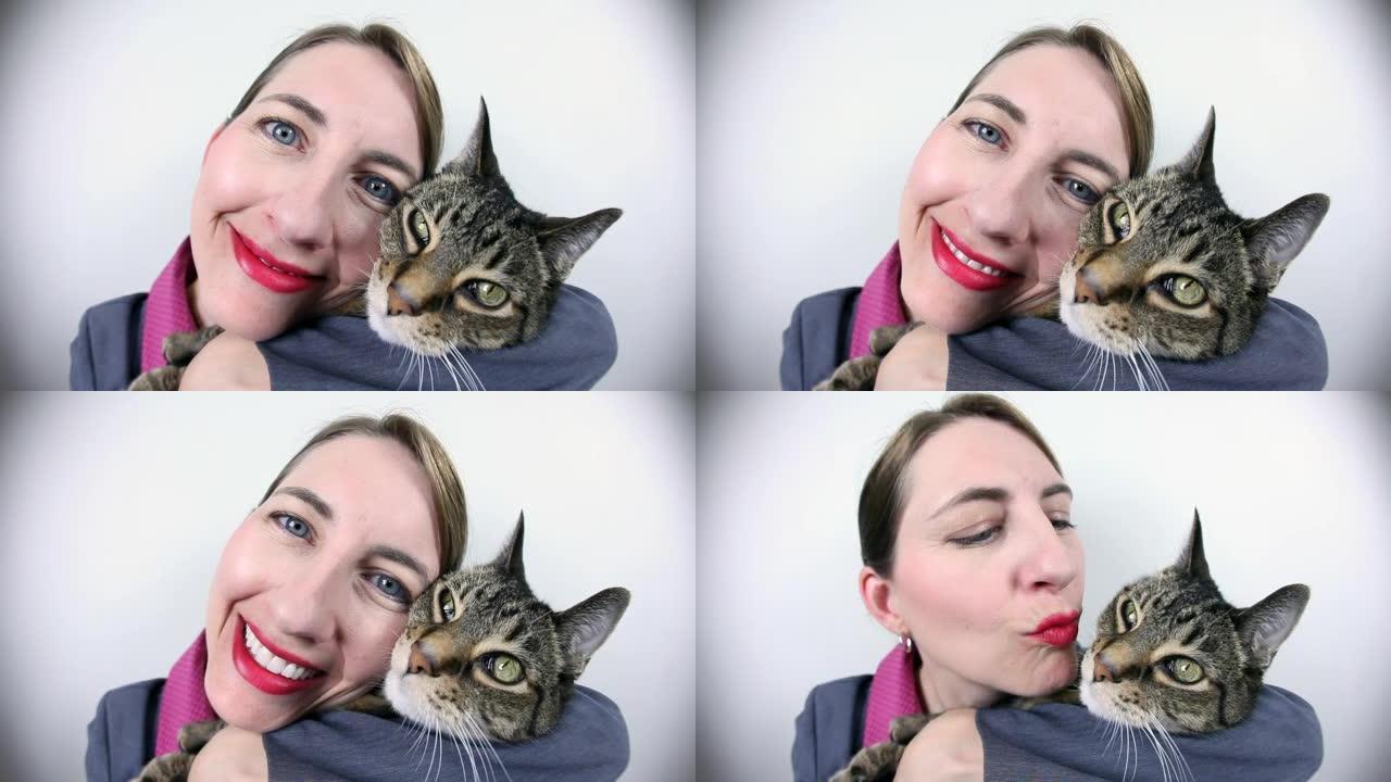 鱼眼视频女人和猫宠物女人女子亲吻猫
