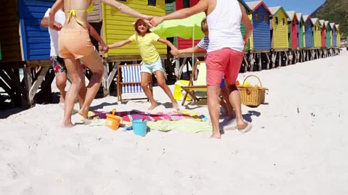 多代家庭在海滩上的罗西 (rosie) 周围玩耍