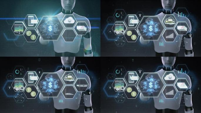 机器人，机器人触摸Fin-tech图标，金融技术和各种信息图标。4k大小的电影2。