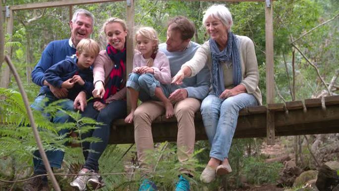 多代家庭坐在森林的木桥上
