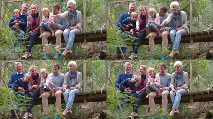 多代家庭坐在森林的木桥上