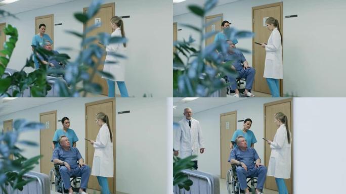 在医院走廊上，护士推着老人坐在轮椅上，病人等待他们的医生，忙碌的专业人员走路。干净，新医院有专业的医