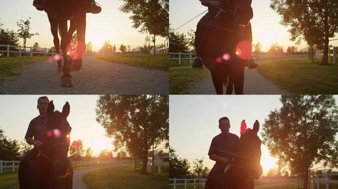 特写: 年长的骑兵骑马在日落时享受时光