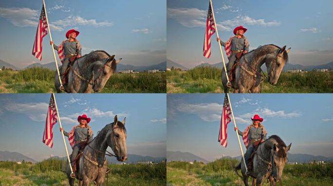 犹他州骄傲的美国女牛仔与马的肖像