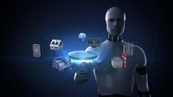机器人，机器人打开手掌，设备传感器图标连接数字大脑，人工智能。物联网。