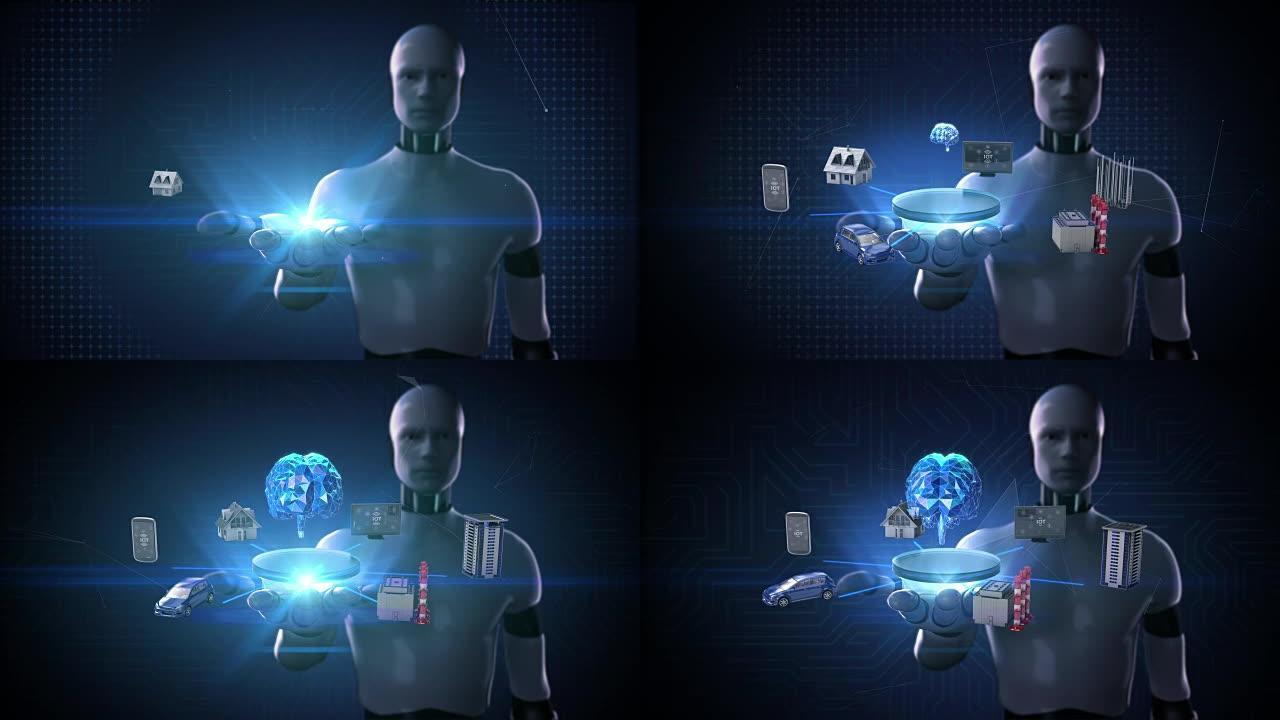 机器人，机器人打开手掌，设备传感器图标连接数字大脑，人工智能。物联网。