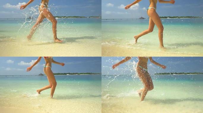 慢动作: 年轻女子在沙滩上冲浪