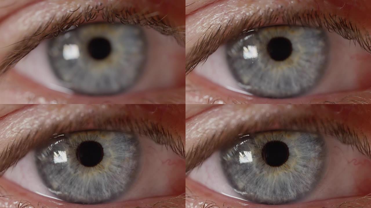 MACRO dop: 拍摄男人的睫毛，并重新聚焦到他生动明亮的蓝眼睛。