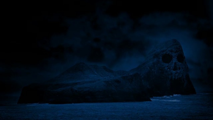 夜间在海上的骷髅岛