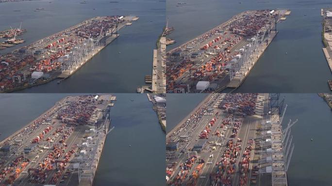 空中: 纽约市海港的货运运输船和集装箱船