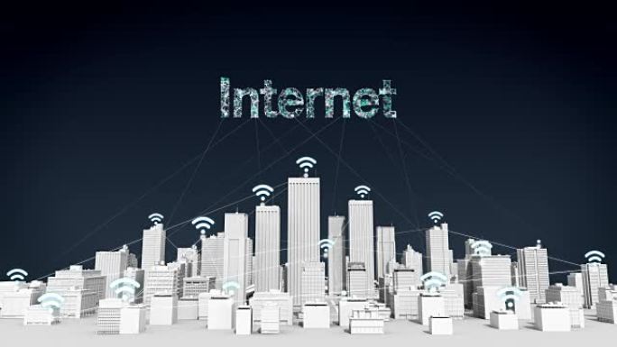 智能城市上的东西wi-fi图标，连接网格错字 “互联网” 白色建筑。