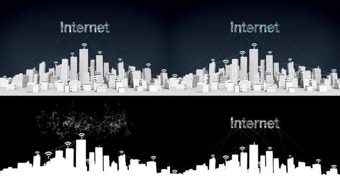 智能城市上的东西wi-fi图标，连接网格错字 “互联网” 白色建筑。