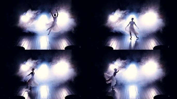 芭蕾舞演员在舞台上跳跃。没有脸。慢动作。高清。
