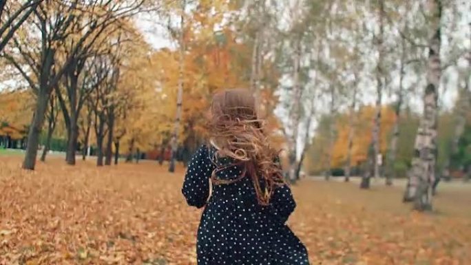 快乐可爱的卷发小女孩，穿着圆点连衣裙，在公园里的秋天小巷里流淌